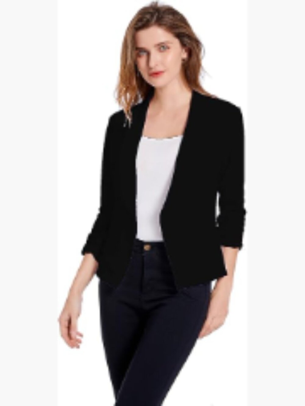 Soft Stretchy Lightweight Cardigan Blazer 3/4 Ruched Sleeve Business Casual